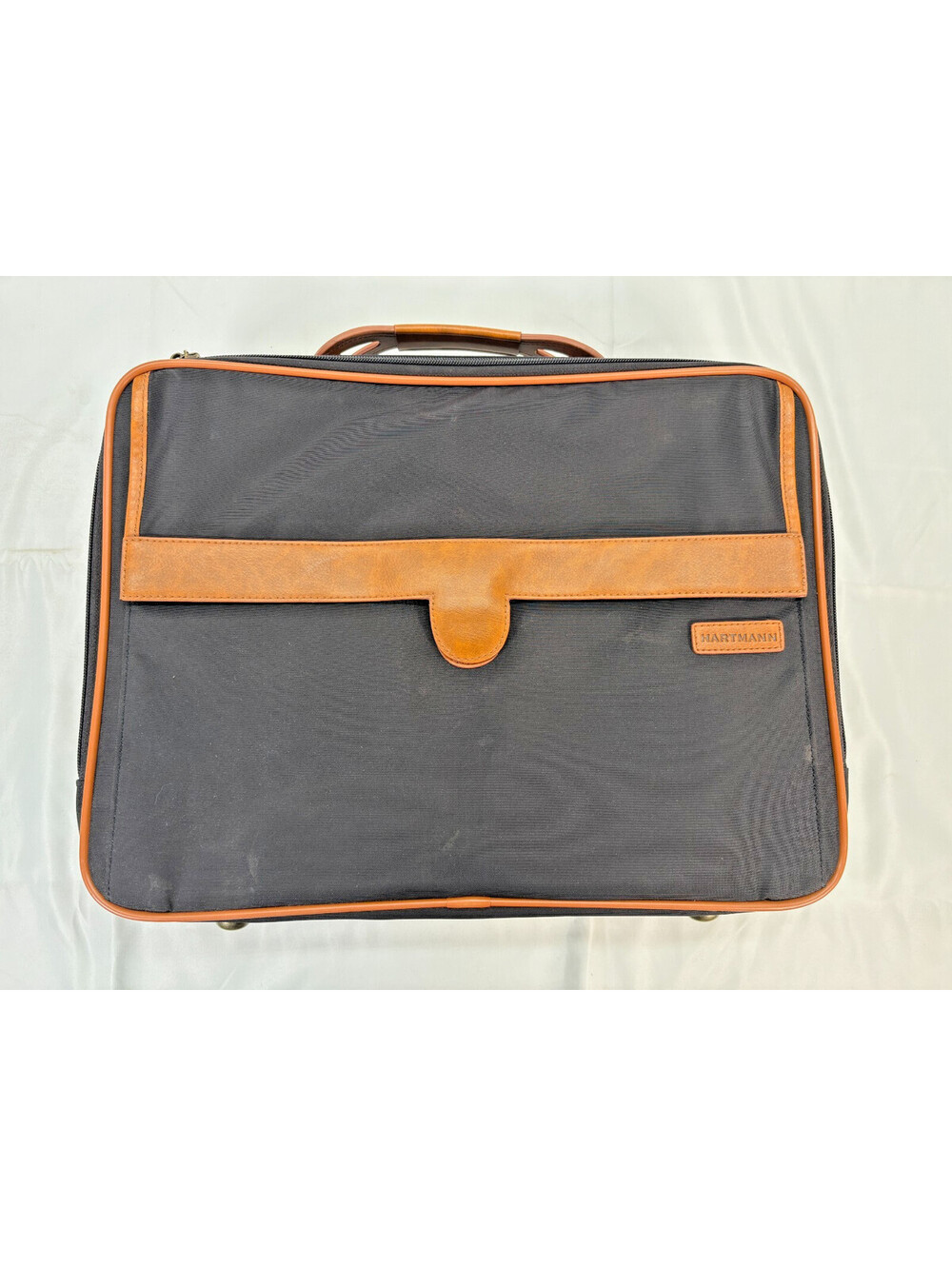 Hartmann Luggage Black Nylon Tan Leather Trim Briefcase Travel Carry On Used
